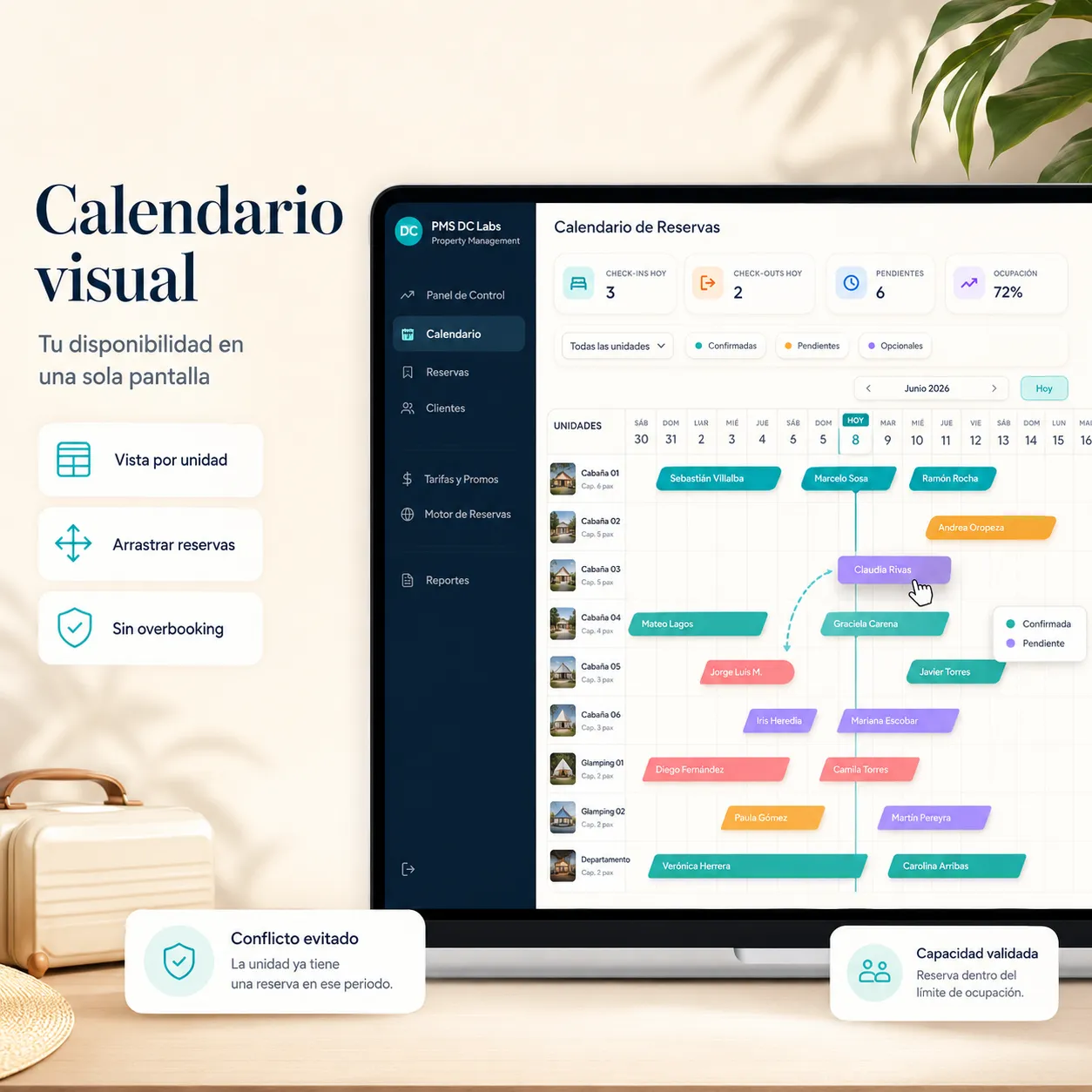 Calendario de reservas del panel, con la disponibilidad de cada unidad